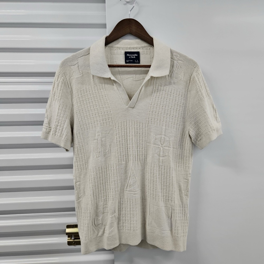 Abercrombie & Fitch‎ Nautical Knit Polo Sweater Ivory Sailboat Men's S